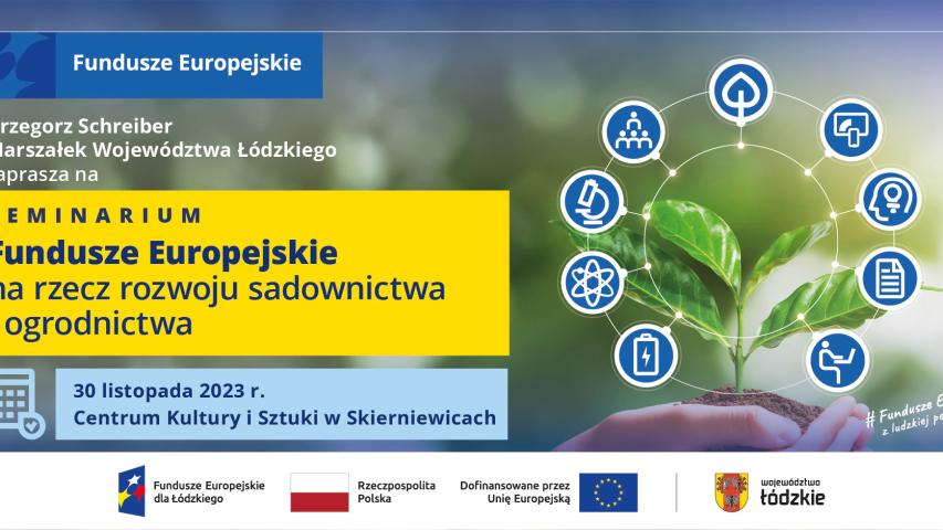 Zapraszenie na seminarium, a na nim młoda roślina na dłoni. Dookoła symbole baterii, atomu mikroskopu, ludzi, dokumentów, człowieka korzystającego z laptopa