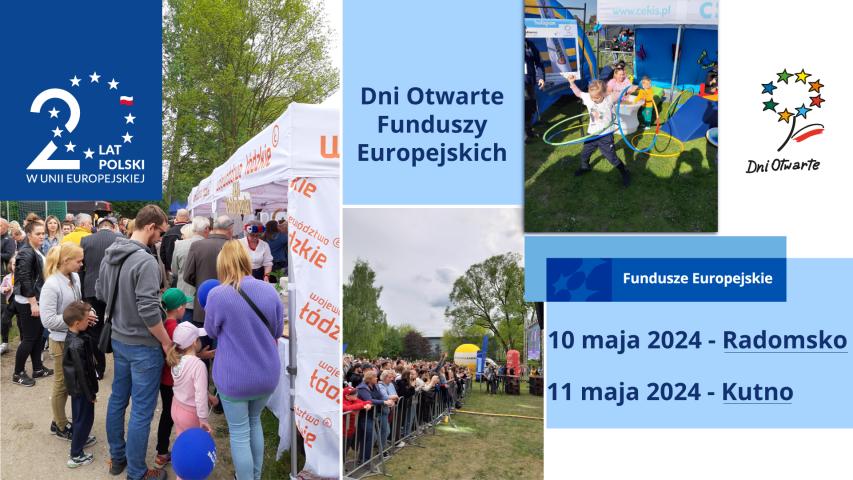 Plakat promocyjny Dni Otwartych Funduszy Europejskich 2024, na plakacie kadry z wydarzeń odbywających się w latach poprzednich